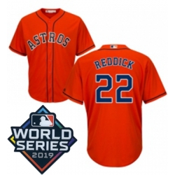 Mens Majestic Houston Astros 22 Josh Reddick Replica Orange Alternate Cool Base Sitched 2019 World Series Patch Jersey