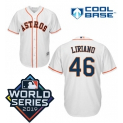 Mens Majestic Houston Astros 46 Francisco Liriano Replica White Home Cool Base Sitched 2019 World Series Patch jersey