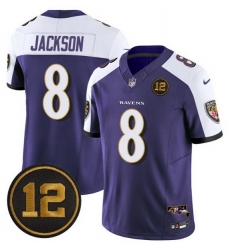 Men Baltimore Ravens 8 Lamar Jackson Purple Alternate 2025 F U S E  Jacoby Jones Patch Vapor Limited Football Jersey
