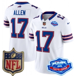 Men Buffalo Bills 17 Josh Allen White 2025 F U S E Farewell Season Gold Shield Patch Stitched Football Jersey