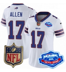 Women Buffalo Bills 17 Josh Allen White 2025 F U S E Farewell Season Gold Shield Patch Stitched Football Jersey
