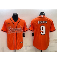 Men Cincinnati Bengals 9 Joe Burrow Orange With Patch Cool Base Stitched Baseball Jersey