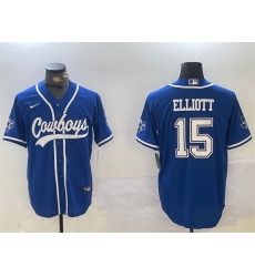 Men Dallas Cowboys 15 Ezekiel Elliott Royal With Patch Cool Base Stitched Baseball Jersey