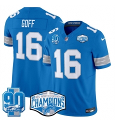 Men Detroit Lions 16 Jared Goff Blue 2024 NFC North Champions 90th Anniversary Patch F U S E  Vapor Limited Stitched Jersey