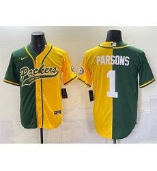 Men Green Bay Packers 1 Micah Parsons Green Gold Split Cool Base Stitched Baseball Jersey