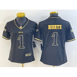 Women Philadelphia Eagles 1 Jalen Hurts Black Golden Edition Stitched Football Jersey