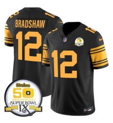 Men Pittsburgh Steelers 12 Terry Bradshaw Black 2024 F U S E 50th Anniversary Of Super Bowl IX Color Rush Limited Stitched Jersey