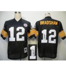 Pittsburgh Steelers 12 Bradshaw Black Throwback M&N Signed NFL Jerseys