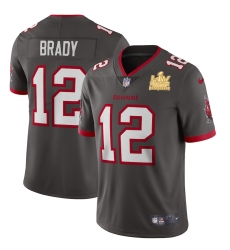 Men Tampa Bay Buccaneers 12 Tom Brady Men Super Bowl LV Champions Patch Nike Pewter Alternate Vapor Limited Jersey