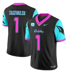 Men Miami Dolphins 1 Tua Tagovailoa Black F U S E  With 2 Star C Patch Miami Vice Vapor Limited Stitched Football Jersey