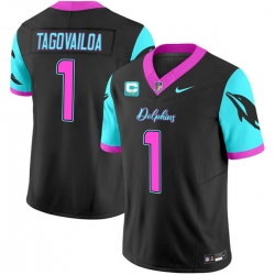 Men Miami Dolphins 1 Tua Tagovailoa Black F U S E  With 2 Star C Patch Miami Vice Vapor Limited Stitched Football Jersey