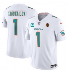 Men Miami Dolphins 1 Tua Tagovailoa White 2023 F U S E  With 2 Star C Patch And John Madden Patch Vapor Limited Stitched Football Jersey