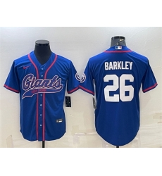 Men New York Giants 26 Saquon Barkley Blue With Patch Cool Base Stitched Baseball Jersey