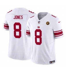 Men New York Giants 8 Daniel Jones White 2023 F U S E  With John Madden Patch Vapor Limited Stitched Football Jersey