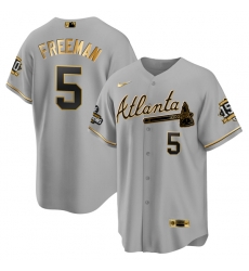 Men Atlanta Braves 5 Freddie Freeman 2021 Grey Gold World Series Champions With 150th Anniversary Patch Cool Base Stitched Jersey