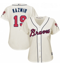 Womens Majestic Atlanta Braves 19 Scott Kazmir Replica Cream Alternate 2 Cool Base MLB Jersey 