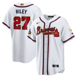 Youth Atlanta Braves 27 Austin Riley 2022 White Gold World Series Champions Program Cool Base Stitched Jersey