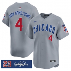 Men Chicago Cubs 4 Pete Crow Armstrong Gray  27Ryne Sandberg Tribute 27 Vapor Limited V3 Stitched Baseball Jersey