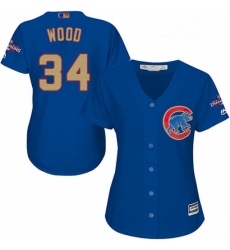 Womens Majestic Chicago Cubs 34 Kerry Wood Authentic Royal Blue 2017 Gold Champion MLB Jersey