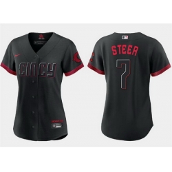 Women Cincinnati Reds 7 Spencer Steer Black 2023 City Connect Stitched Baseball Jersey  Run Small