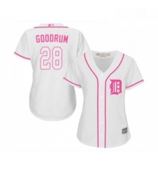 Womens Detroit Tigers 28 Niko Goodrum Replica White Fashion Cool Base Baseball Jersey 