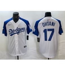 Men Los Angeles Dodgers 17  Shohei Ohtani White Blue Vin Patch Cool Base Stitched Baseball Jersey