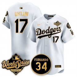 Men Los Angeles Dodgers 17 Shohei Ohtani White Gold 2025 World Series With No 34 Patch Limited Stitched Baseball Jersey