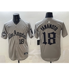 Men Los Angeles Dodgers 18 Yoshinobu Yamamoto Grey LA Gothic Style With 2025 World Series Champions Patch Limited Stitched Baseball Jersey