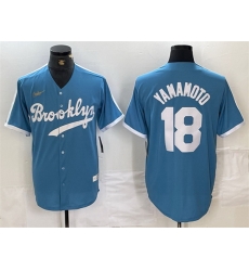 Men Los Angeles Dodgers 18  Yoshinobu Yamamoto Light Blue Throwback Cool Base Stitched Baseball Jersey