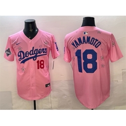 Men Los Angeles Dodgers 18 Yoshinobu Yamamoto Pink 2025 World Series Champions Patch Tokyo Series Limited Stitched Baseball Jersey