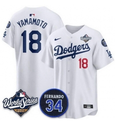 Men Los Angeles Dodgers 18 Yoshinobu Yamamoto White 2025 World Series With No 34 Patch Home Limited Stitched Baseball Jersey