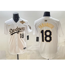 Men Los Angeles Dodgers 18  Yoshinobu Yamamoto White Gold 2025 World Series Patch Limited Stitched Baseball Jersey