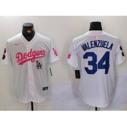 Men Los Angeles Dodgers 34 Fernando Valenzuela White Pink Vin  26 Kobe Patch Stitched Baseball Jersey