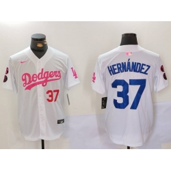 Men Los Angeles Dodgers 37 Teoscar Hernandez White Pink Vin  26 Kobe Patch Stitched Baseball Jersey 3