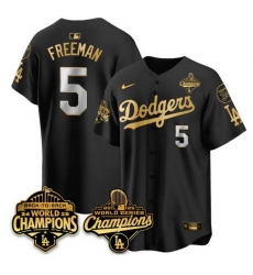 Men Los Angeles Dodgers 5 Freddie Freeman Black Gold 2025 World Series Champions Back to Back With No 34 Patch Limited Stitched Baseball Jersey