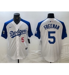 Men Los Angeles Dodgers 5 Freddie Freeman White Blue Vin Patch Cool Base Stitched Baseball Jersey 2