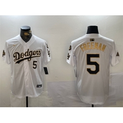 Men Los Angeles Dodgers 5 Freddie Freeman White Gold 2024 World Series Champions With Fernando Memorial Patch Limited Stitched Baseball Jersey