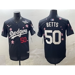 Men Los Angeles Dodgers 50 Mookie Betts Black 2025 World Series Patch Tokyo Series Limited Stitched Baseball Jersey