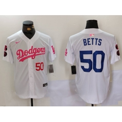 Men Los Angeles Dodgers 50 Mookie Betts White Pink Vin  26 Kobe Patch Stitched Baseball Jersey 1