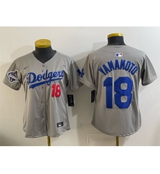 Women Los Angeles Dodgers 18  Yoshinobu Yamamoto Grey 2025 World Series Champions Patch Limited Stitched Baseball Jersey 