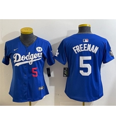 Women Los Angeles Dodgers 5 Freddie Freeman Royal 2024 World Series With No  34 Patch Alternate Limited Stitched Baseball Jersey 