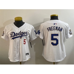 Women Los Angeles Dodgers 5 Freddie Freeman White Gold 2024 World Series Home Limited Stitched Baseball Jersey 28Run Small 29