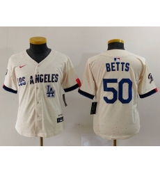 Women Los Angeles Dodgers 50 Mookie Betts Cream Stitched Jersey 9