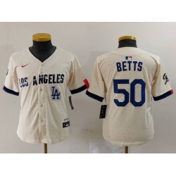 Women Los Angeles Dodgers 50 Mookie Betts Cream Stitched Jersey 9