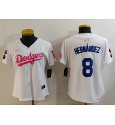 Women Los Angeles Dodgers 8 Kik E9 Hernandez White Pink Vin  26 Kobe Patch Stitched Baseball Jersey