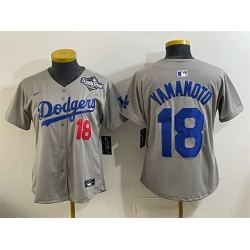 Youth Los Angeles Dodgers 18 Yoshinobu Yamamoto Grey 2025 World Series Patch Limited Stitched Baseball Jersey
