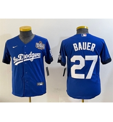 Youth Los Angeles Dodgers 27 Trevor Bauer Blue 2024 World Series City Connect Cool Base Stitched Jersey