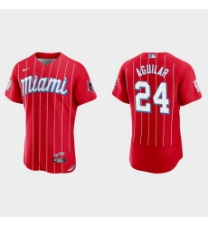 Miami Marlins 24 Jesus Aguilar Men Nike 2021 City Connect Authentic MLB Jersey Red