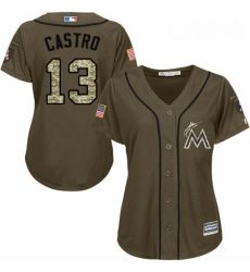 Womens Majestic Miami Marlins 13 Starlin Castro Authentic Green Salute to Service MLB Jersey 