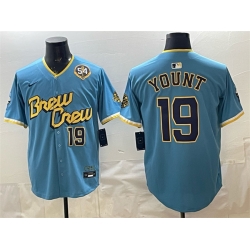 Men Milwaukee Brewers  19 Robin Yount Powder Blue City Connect With Home   Bob Uecker Patch Limited Stitched Baseball Jersey